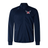 The University of Southern Indiana Elite Windstopper Jacket by Canterbury is a navy blue track jacket with a front zipper and two pockets. Designed for wind and cold protection, it features a logo with wings and the letters "DSJ" on the left chest, making it both functional and stylish.
