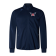 The University of Southern Indiana Elite Windstopper Jacket by Canterbury is a navy blue track jacket with a front zipper and two pockets. Designed for wind and cold protection, it features a logo with wings and the letters "DSJ" on the left chest, making it both functional and stylish.