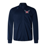 The University of Southern Indiana Elite Windstopper Jacket by Canterbury is a navy blue track jacket with a front zipper and two pockets. Designed for wind and cold protection, it features a logo with wings and the letters "DSJ" on the left chest, making it both functional and stylish.