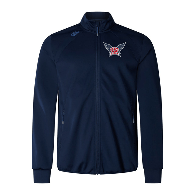The University of Southern Indiana Elite Windstopper Jacket by Canterbury is a navy blue track jacket with a front zipper and two pockets. Designed for wind and cold protection, it features a logo with wings and the letters "DSJ" on the left chest, making it both functional and stylish.