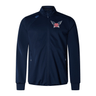 The University of Southern Indiana Elite Windstopper Jacket by Canterbury is a navy blue track jacket with a front zipper and two pockets. Designed for wind and cold protection, it features a logo with wings and the letters "DSJ" on the left chest, making it both functional and stylish.