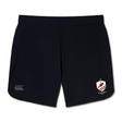 The West Potomac RFC Elite Woven Short by Canterbury features a small white Canterbury logo on the left leg, a red and white crest on the right, and zippered pockets—ideal EMB Canterbury gym shorts for training or workouts.