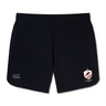 The West Potomac RFC Elite Woven Short by Canterbury features a small white Canterbury logo on the left leg, a red and white crest on the right, and zippered pockets—ideal EMB Canterbury gym shorts for training or workouts.
