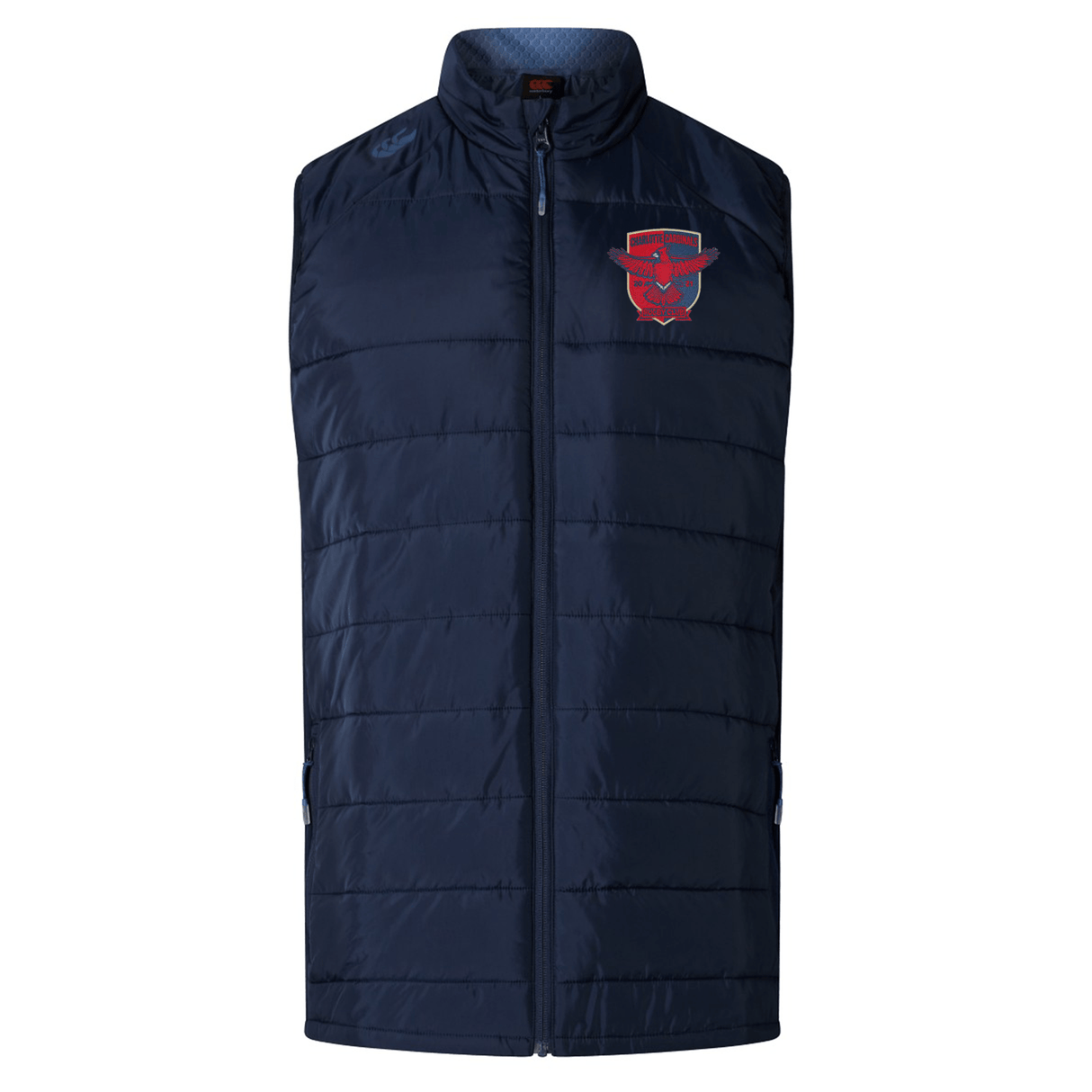 Navy blue Charlotte Cardinals Rugby Club Elite Microlite Gilet by EMB Canterbury with a zipper and a red logo on the left chest area, displayed against a white background.