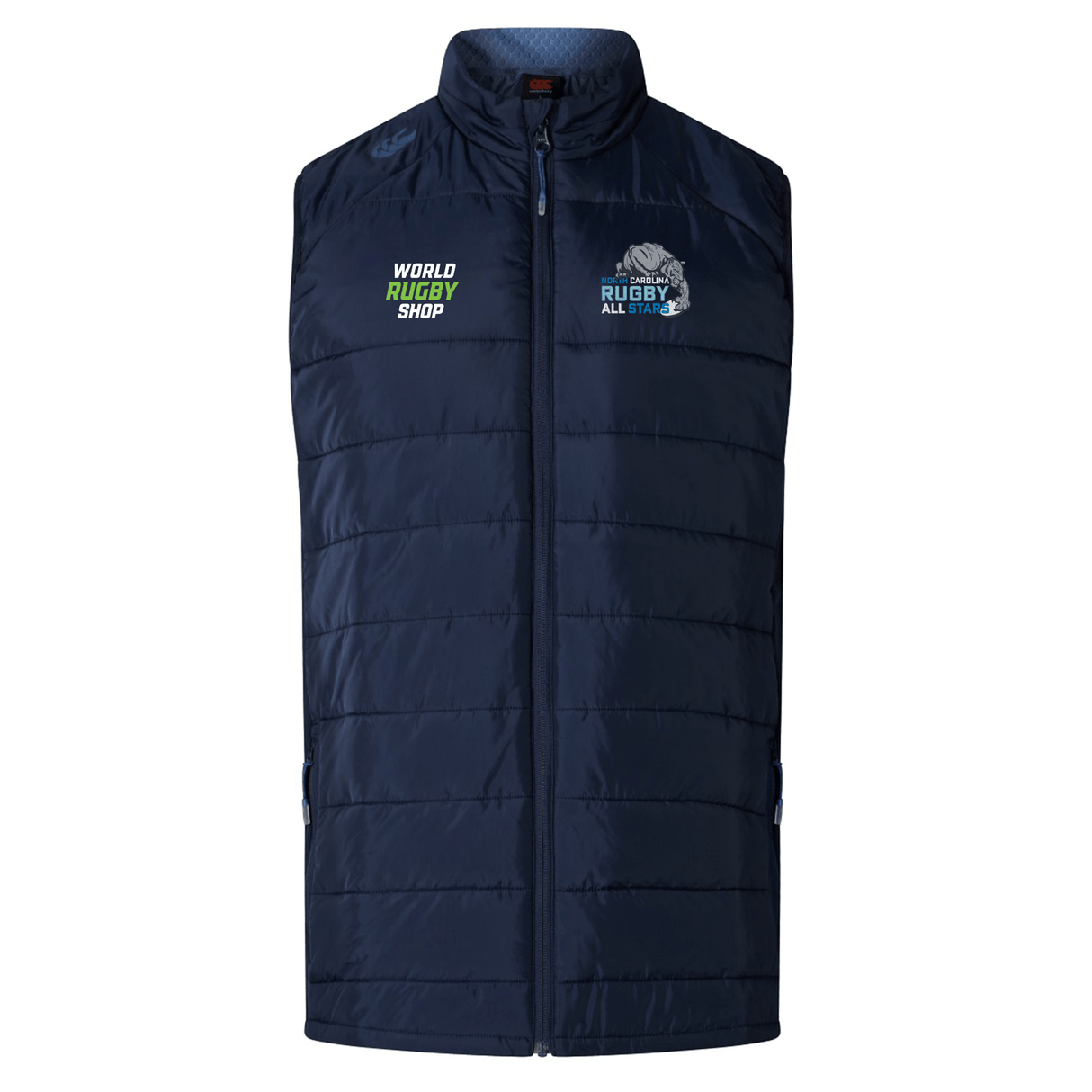 Navy blue sleeveless NC All Stars Elite Microlite Gilet by Canterbury with "EMB Canterbury" and "Rugby All Stars" logos on the chest, featuring a zip-up front, quilted design, and insulated baffles for added warmth.