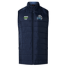Navy blue sleeveless NC All Stars Elite Microlite Gilet by Canterbury with "EMB Canterbury" and "Rugby All Stars" logos on the chest, featuring a zip-up front, quilted design, and insulated baffles for added warmth.