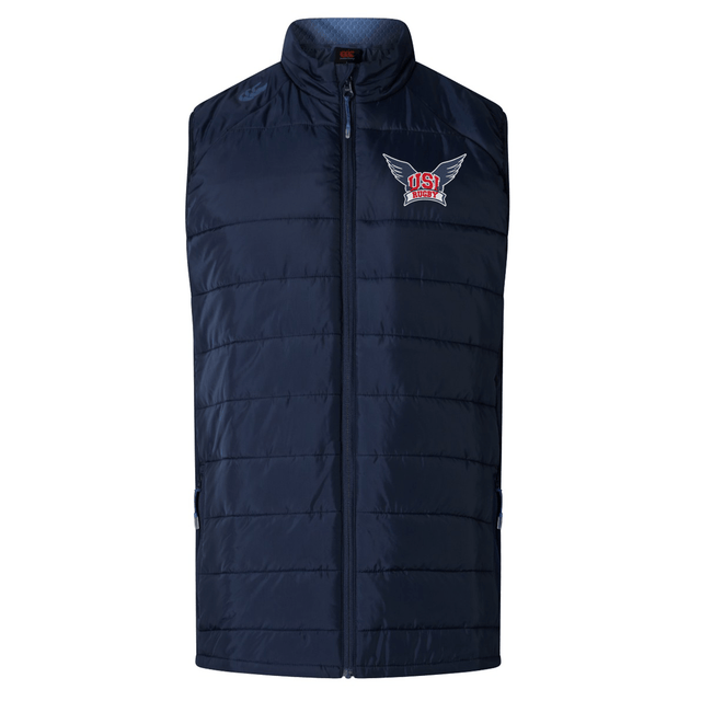 A navy blue padded vest with a zipper, featuring insulated baffles and a "US" logo with wings on the upper left chest: the University of Southern Indiana Elite Microlite Gilet by Canterbury from EMB Canterbury.