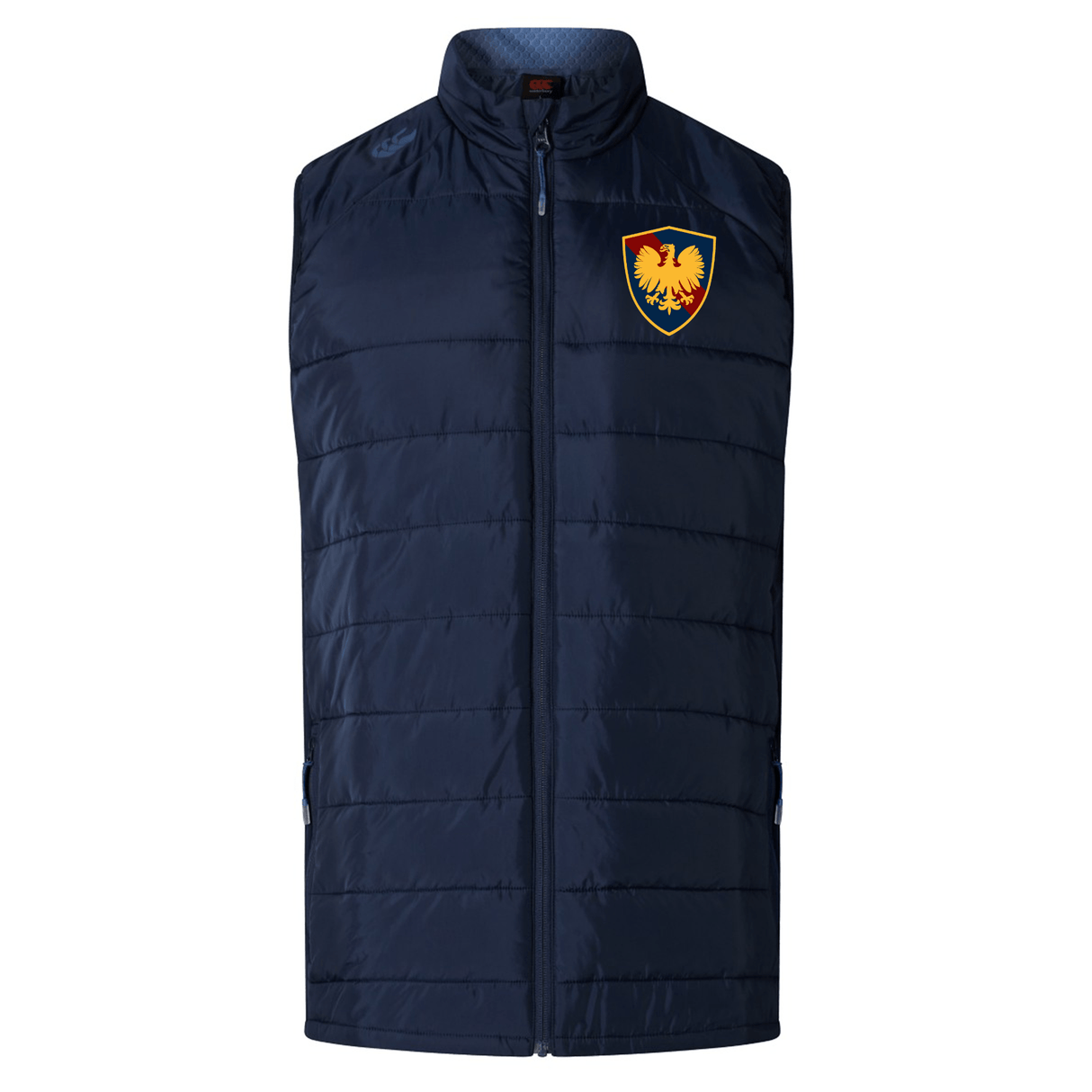 Cincinnati Classical Academy Elite Microlite Gilet by EMB Canterbury with a high collar and a yellow and red crest on the left chest.
