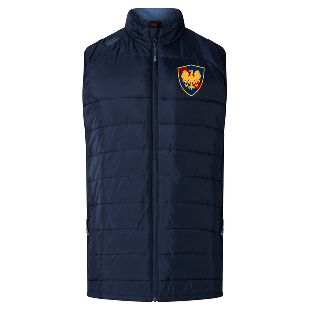 Cincinnati Classical Academy Elite Microlite Gilet by EMB Canterbury with a high collar and a yellow and red crest on the left chest.