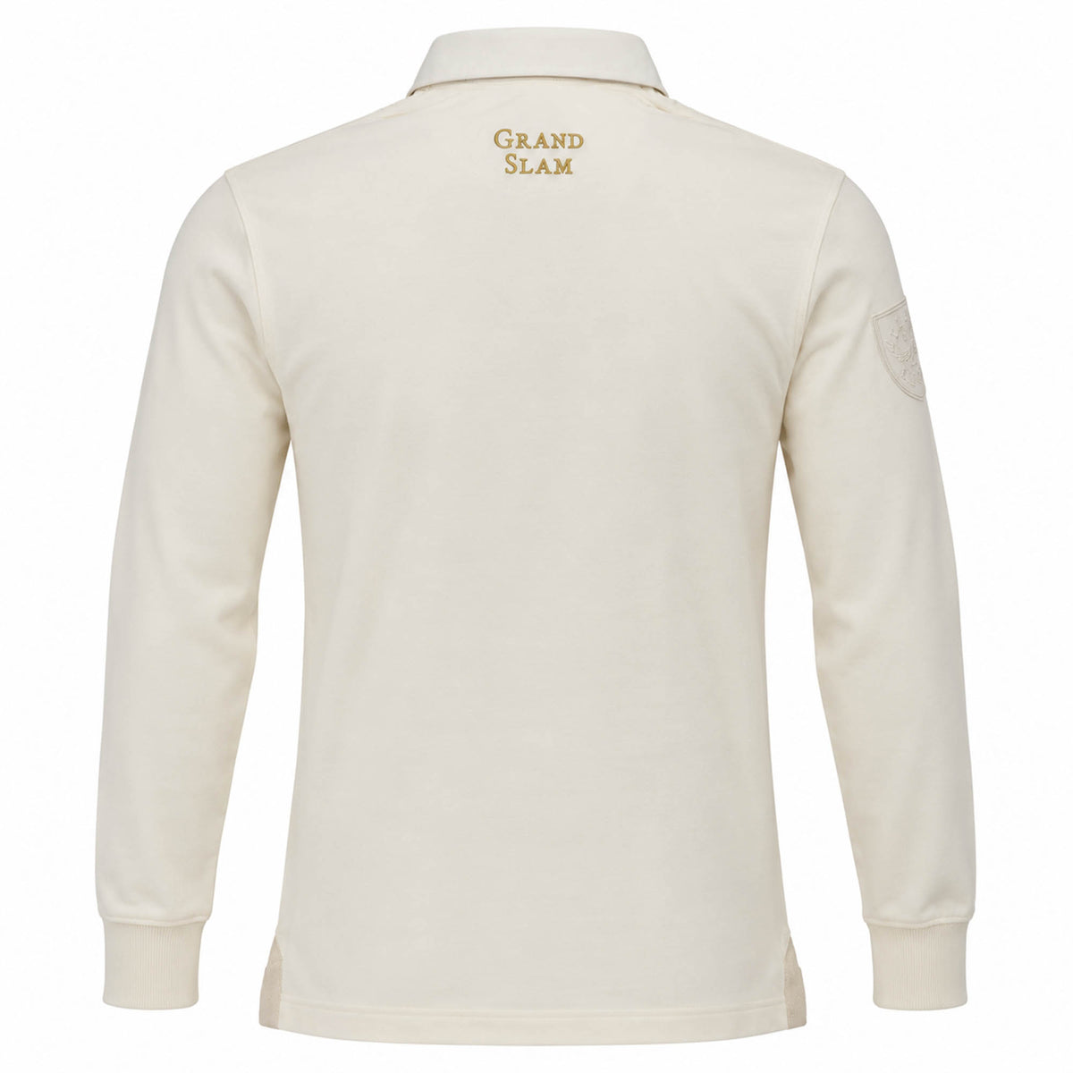 A long-sleeve cream polo shirt by Ellis Rugby, inspired by the England Rugby 1991 Shirt and celebrating the 1992 Grand Slam, features “GRAND SLAM” embroidered in gold on the upper back and a stitched patch on the left sleeve—a signature design from Ellis Rugby.