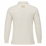 A long-sleeve cream polo shirt by Ellis Rugby, inspired by the England Rugby 1991 Shirt and celebrating the 1992 Grand Slam, features “GRAND SLAM” embroidered in gold on the upper back and a stitched patch on the left sleeve—a signature design from Ellis Rugby.