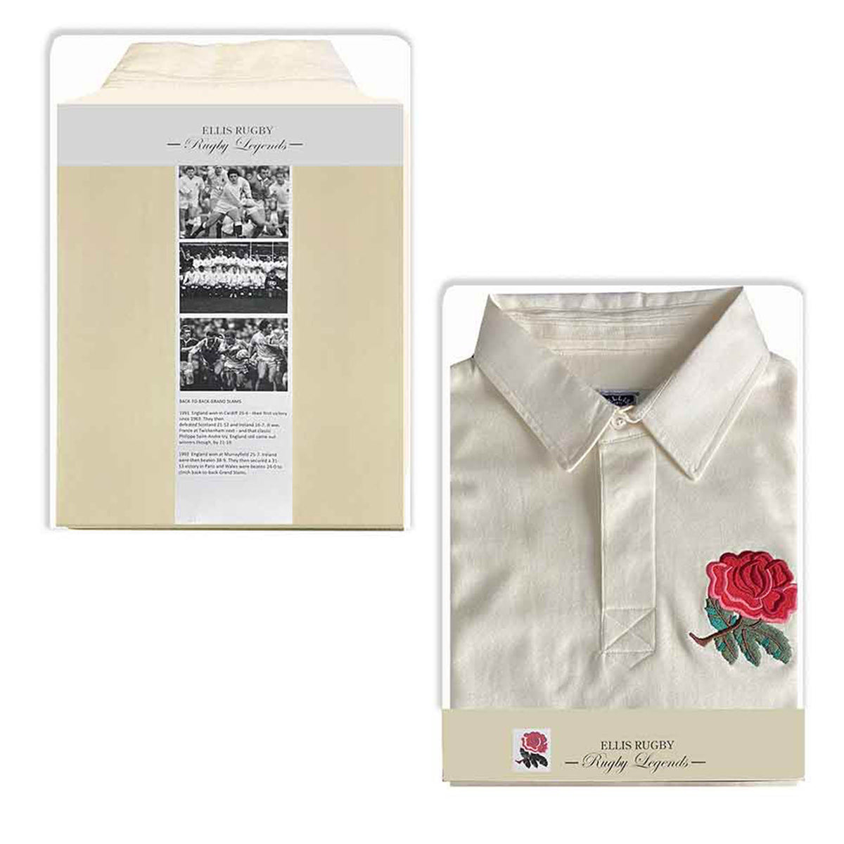 The England Rugby 1991 Shirt 1992 Grand Slam by Ellis Rugby is a white collared shirt with a red rose embroidered on the chest, inspired by the iconic England Rugby 1991 kit. It comes presented in a cream-colored box adorned with black and white rugby photographs and the text “Ellis Rugby Original Legends.” This piece pays tribute to Grand Slam glory and celebrates Ellis Rugby’s heritage.