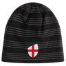 A black and gray striped beanie, with a red cross shield emblem, from EMB Canterbury's England Shield Beanie collection.