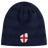 The England Shield Beanie by EMB Canterbury is a navy blue beanie with horizontal stripes, featuring an emblem of a red cross on a classic England shield.