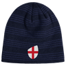 The England Shield Beanie by EMB Canterbury is a navy blue beanie with horizontal stripes, featuring an emblem of a red cross on a classic England shield.