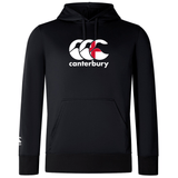 The Canterbury England CCC Club Lightweight Hoodie by WRS Canterbury is a durable polyester hoodie in black featuring a bold white and red logo on the front, with a drawstring hood and front pocket.