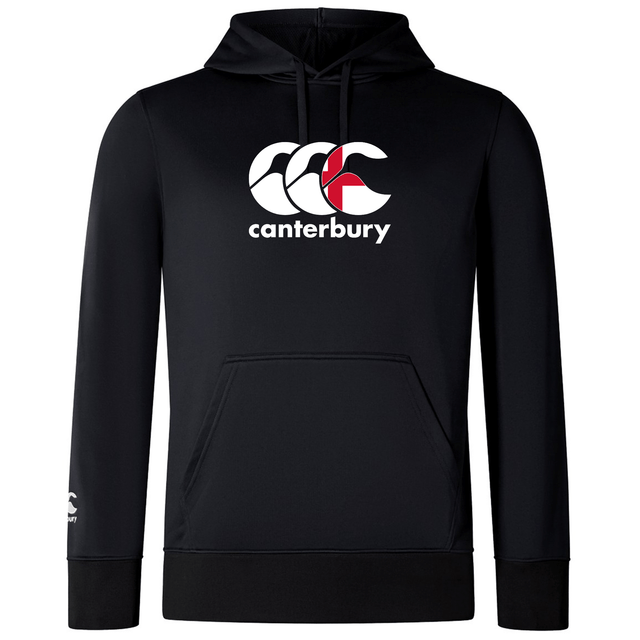 The Canterbury England CCC Club Lightweight Hoodie by WRS Canterbury is a durable polyester hoodie in black featuring a bold white and red logo on the front, with a drawstring hood and front pocket.