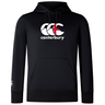 The Canterbury England CCC Club Lightweight Hoodie by WRS Canterbury is a durable polyester hoodie in black featuring a bold white and red logo on the front, with a drawstring hood and front pocket.