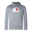 The WRS Canterbury England CCC Club Lightweight Hoodie is gray, made from polyester, with a kangaroo pocket and features the iconic Canterbury logo in white and red on the chest.