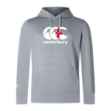 The WRS Canterbury England CCC Club Lightweight Hoodie is gray, made from polyester, with a kangaroo pocket and features the iconic Canterbury logo in white and red on the chest.