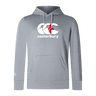 The WRS Canterbury England CCC Club Lightweight Hoodie is gray, made from polyester, with a kangaroo pocket and features the iconic Canterbury logo in white and red on the chest.