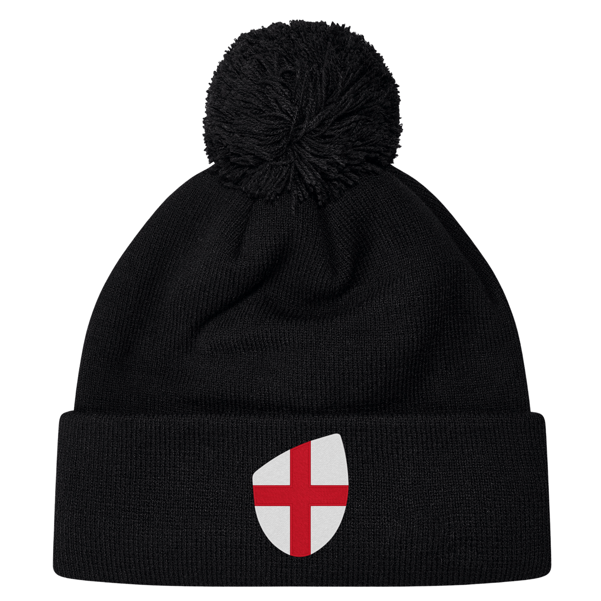 The EMB Canterbury England Shield Pom Pom Beanie features a black knit design with a playful pom-pom and an England flag patch on the front.