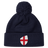 The England Shield Pom Pom Beanie by EMB Canterbury is a navy blue beanie featuring a prominent shield emblem with a red cross on a white background.