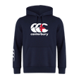 The Canterbury England CCC Flag Club Hoodie by WRS Canterbury is navy blue with a bold CCC logo on the front and a white design on the left sleeve, crafted from soft sweatshirt fleece for ultimate comfort.