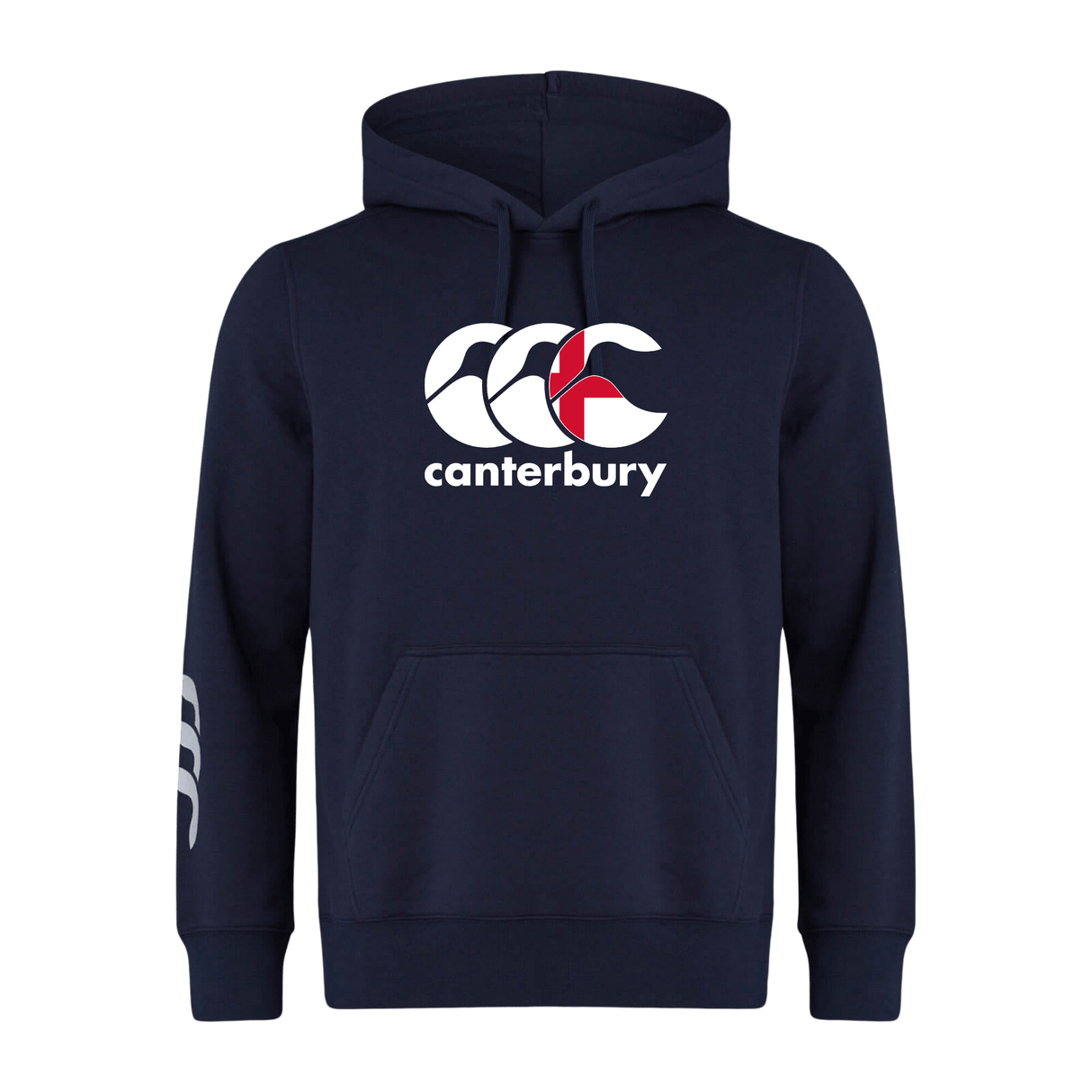 The Canterbury England CCC Flag Club Hoodie by WRS Canterbury is navy blue with a bold CCC logo on the front and a white design on the left sleeve, crafted from soft sweatshirt fleece for ultimate comfort.