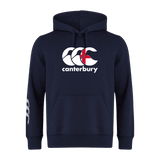 The Canterbury England CCC Flag Club Hoodie by WRS Canterbury is navy blue with a bold CCC logo on the front and a white design on the left sleeve, crafted from soft sweatshirt fleece for ultimate comfort.