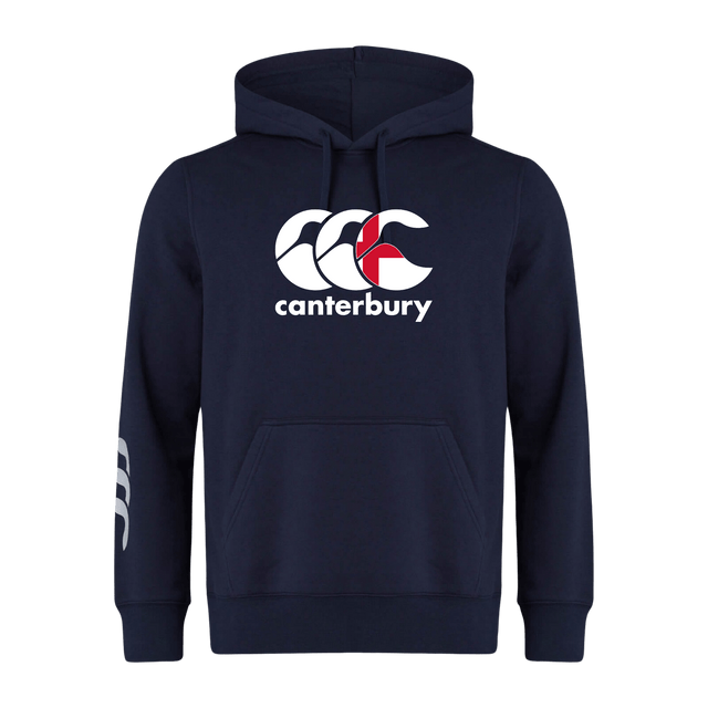 The Canterbury England CCC Flag Club Hoodie by WRS Canterbury is navy blue with a bold CCC logo on the front and a white design on the left sleeve, crafted from soft sweatshirt fleece for ultimate comfort.