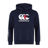 The Canterbury England CCC Flag Club Hoodie by WRS Canterbury is navy blue with a bold CCC logo on the front and a white design on the left sleeve, crafted from soft sweatshirt fleece for ultimate comfort.
