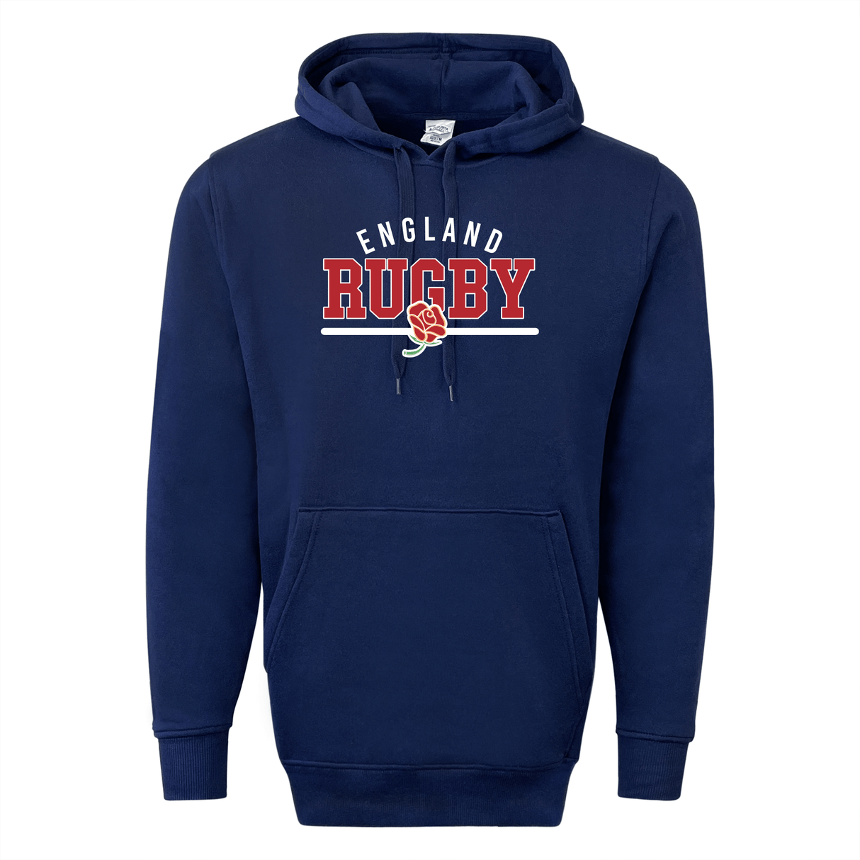 Navy blue Nations of Rugby England Wordmark 60/40 Pullover Hoodie by WRS Augusta, featuring "England Rugby" and a red rose logo on the chest, crafted from a cozy 60/40 blend.