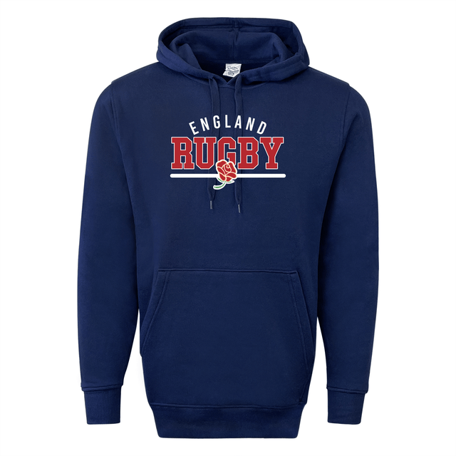 Navy blue Nations of Rugby England Wordmark 60/40 Pullover Hoodie by WRS Augusta, featuring "England Rugby" and a red rose logo on the chest, crafted from a cozy 60/40 blend.