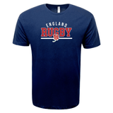 The Nations of Rugby England Wordmark Supersoft Tee by WRS LAT is a navy blue shirt featuring "England Rugby" and a red rose graphic on the front.