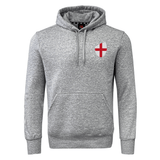 The England Shield Club Hoodie by EMB Canterbury is a gray club hoodie with a front pocket and drawstrings. It features a red and white cross emblem on the chest, crafted from cozy sweatshirt fleece, and highlights subtle Canterbury branding for a timeless look.