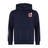 The England Shield Club Hoodie by EMB Canterbury features a navy blue color with white and red shield emblem on the chest, white stripes on the right sleeve, and is made from cozy sweatshirt fleece for ultimate comfort plus subtle branding for classic style.