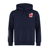 The England Shield Club Hoodie by EMB Canterbury features a navy blue color with white and red shield emblem on the chest, white stripes on the right sleeve, and is made from cozy sweatshirt fleece for ultimate comfort plus subtle branding for classic style.