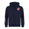 The England Shield Club Hoodie by EMB Canterbury features a navy blue color with white and red shield emblem on the chest, white stripes on the right sleeve, and is made from cozy sweatshirt fleece for ultimate comfort plus subtle branding for classic style.