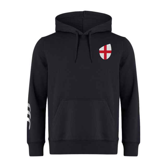 The England Shield Club Hoodie by EMB Canterbury is made from sweatshirt fleece and features a black design with a front pocket, the Canterbury branding, a red and white shield emblem on the chest, and a white stripe detail on the left sleeve.