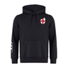 The England Shield Club Hoodie by EMB Canterbury is made from sweatshirt fleece and features a black design with a front pocket, the Canterbury branding, a red and white shield emblem on the chest, and a white stripe detail on the left sleeve.