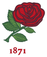 Vintage embroidered red rose with green leaves and the year 1871 stitched below on the Nations of Rugby England Vintage Dad Cap by EMB Alpha Broder.
