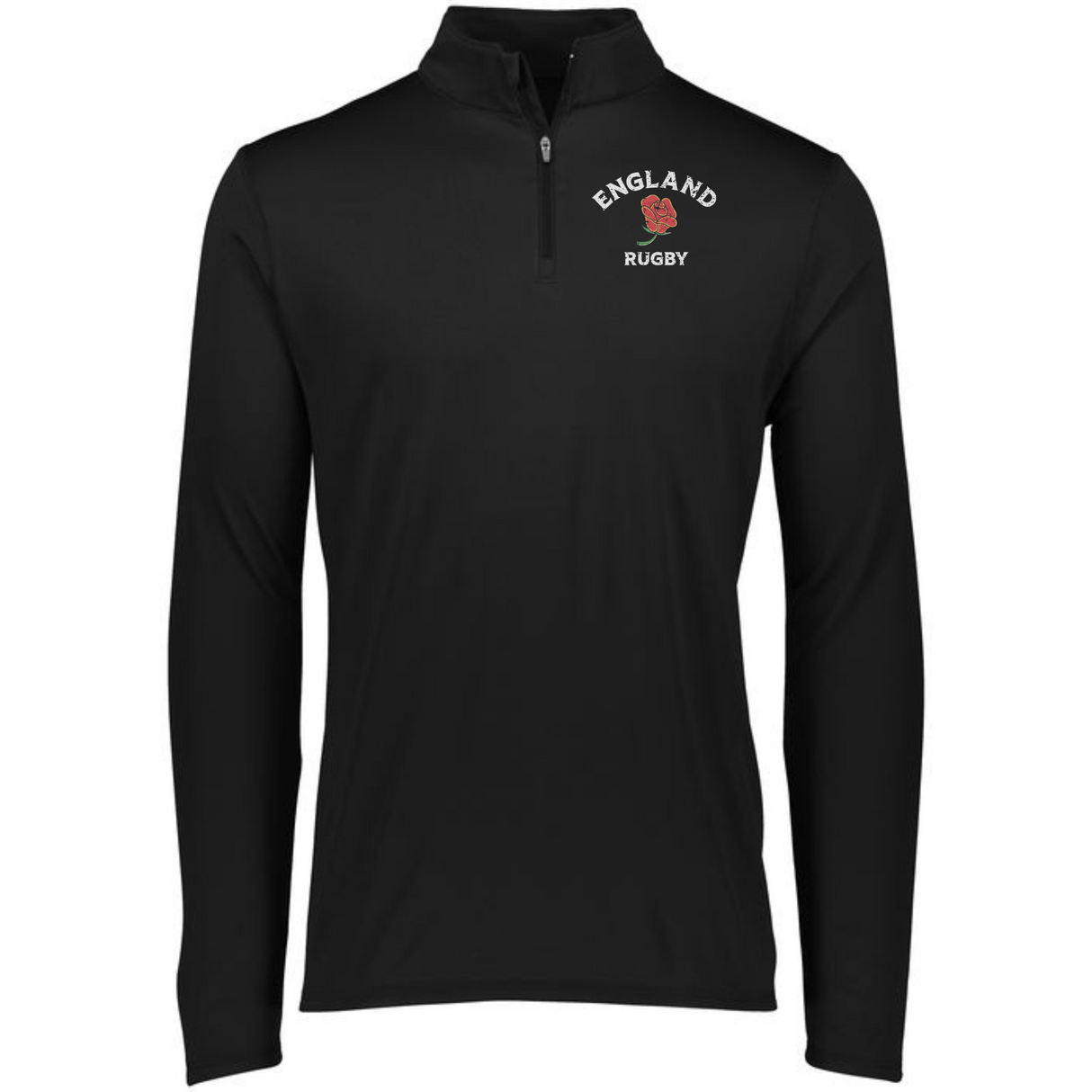 A black men's Nations of Rugby England Rugby 1/4 Zip Pullover with an embroidered logo and made of polyester fabric from the brand EMB Augusta.
