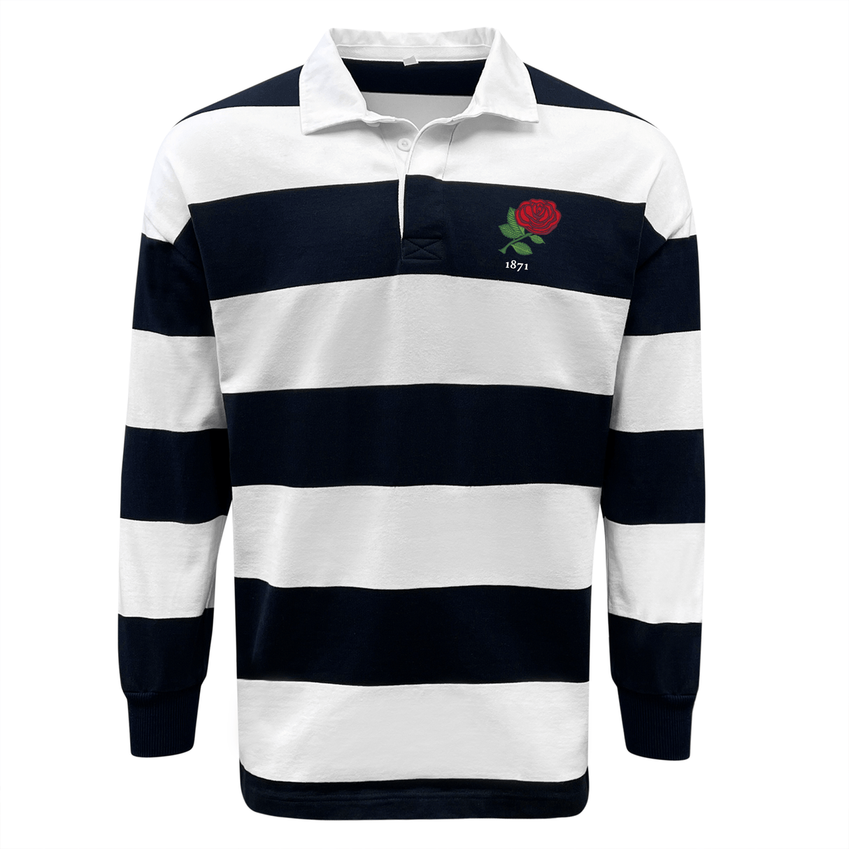Nations of Rugby England Vintage Hooped Classic Jersey by EMB Mudoo with an embroidered rose emblem and the year 1871.