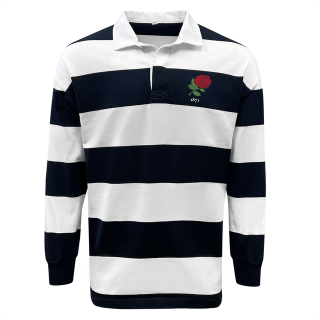 Nations of Rugby England Vintage Hooped Classic Jersey by EMB Mudoo with an embroidered rose emblem and the year 1871.