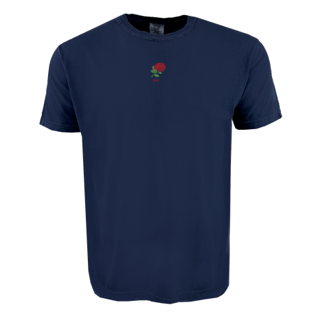 The EMB S&S Activewear England Vintage Comfort Tee in navy blue features a small red rose and "1977" on the chest—combining classic rugby style with comfort for true fans.