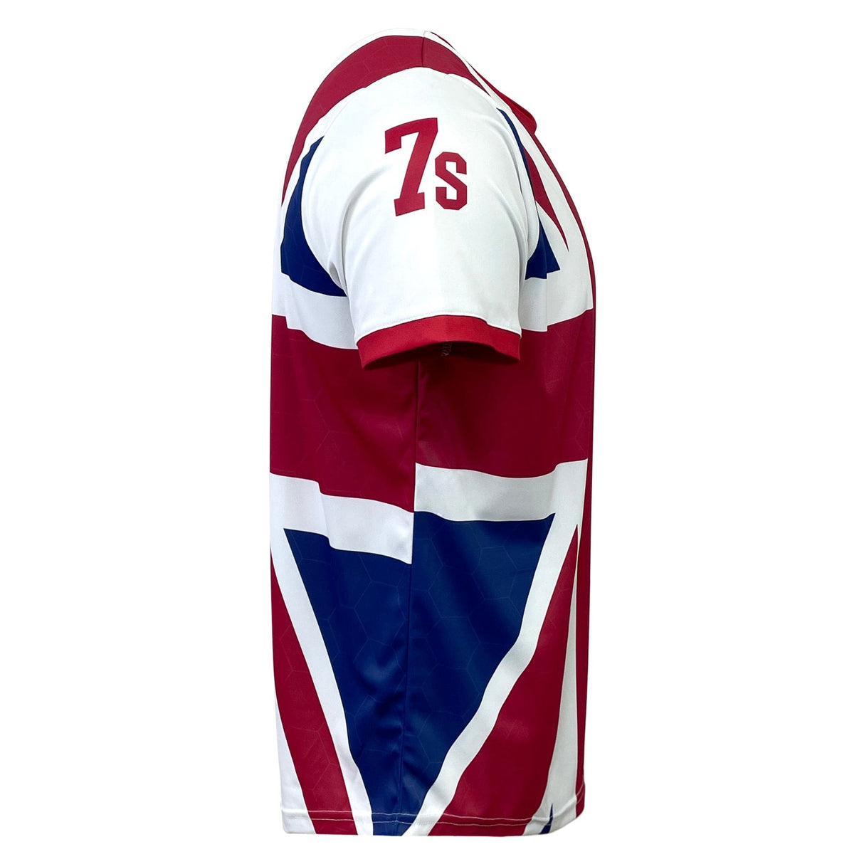 Side view of a Nations of Rugby Great Britain Sevens Rugby Flag Jersey by Admiral featuring a prominent red, white, and blue geometric design with the number "7S" printed on the upper sleeve, celebrating Great Britain Sevens Rugby.