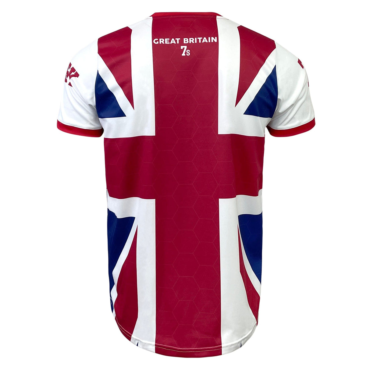 Rear view of a red, white, and blue Nations of Rugby Great Britain Sevens Rugby Flag Jersey by Admiral featuring the Union Jack design. "GREAT BRITAIN 7s" is proudly printed at the top, celebrating the Nations of Rugby.