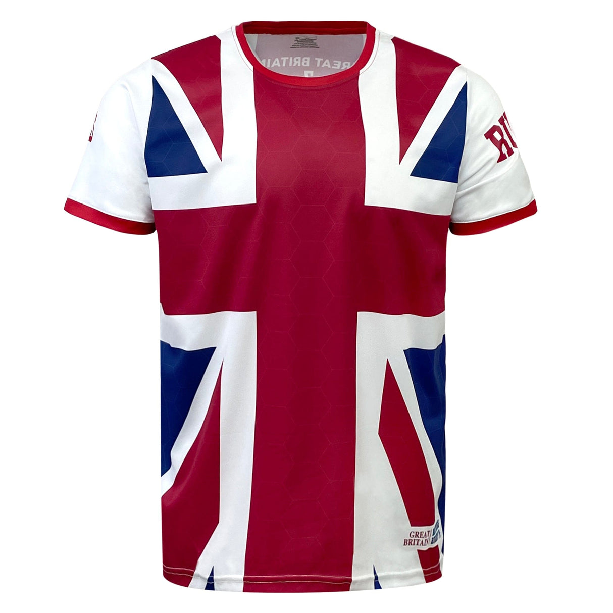 A Nations of Rugby Great Britain Sevens Rugby Flag Jersey featuring the Union Jack flag design, predominantly in red, white, and blue colors. This supporter jersey by Admiral has short sleeves with "GREAT BRITAIN" text visible near the bottom right corner, perfect for fans of Great Britain Sevens Rugby.