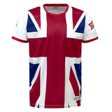 A Nations of Rugby Great Britain Sevens Rugby Flag Jersey featuring the Union Jack flag design, predominantly in red, white, and blue colors. This supporter jersey by Admiral has short sleeves with "GREAT BRITAIN" text visible near the bottom right corner, perfect for fans of Great Britain Sevens Rugby.